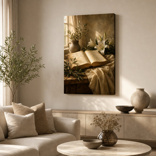 Bible Garden Still Life Canvas Wall Art — room scene