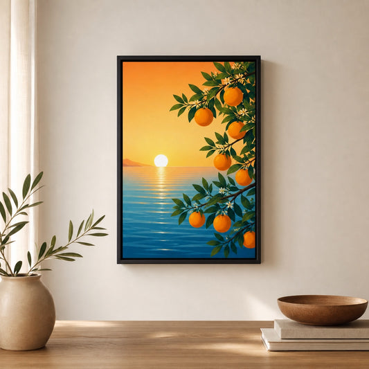 Citrus Branch Sunset Sea Floater Frame Canvas Wall Art - coastal wall decor by AUSJOJO