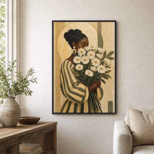 Black Woman Daisies Earthtone Floater Frame Canvas Wall Art — room scene in a black floater frame