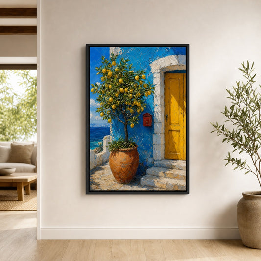 Mediterranean Blue House Lemon Tree Floater Frame Canvas Wall Art - canvas wall art by AUSJOJO