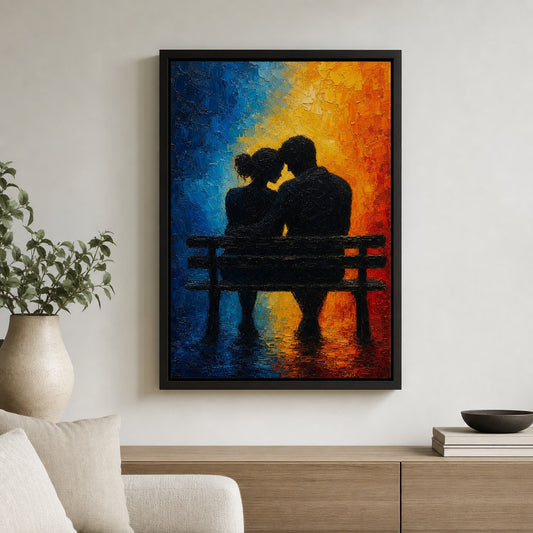 Couple Silhouette Bench Cold Warm Impasto Floater Frame Canvas Wall Art - canvas wall art by AUSJOJO
