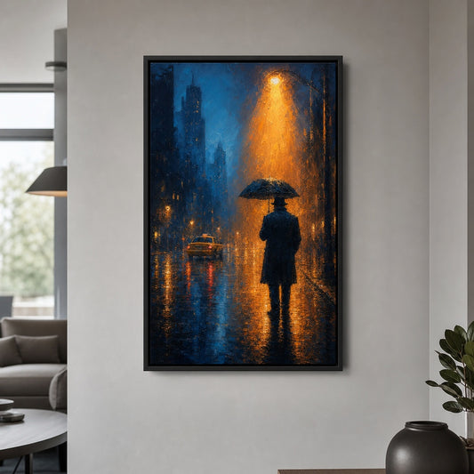 Rainy Night Umbrella Walker Floater Frame Canvas Wall Art - canvas wall art by AUSJOJO
