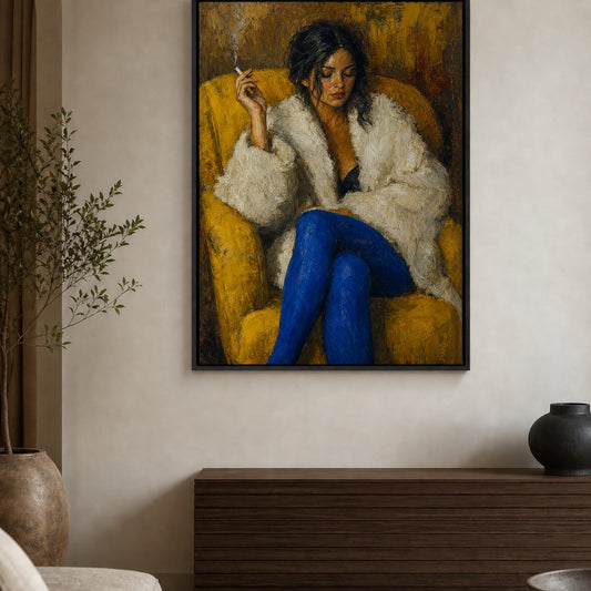Woman in Yellow Chair Expressionist Floater Frame Canvas Wall Art — room scene in a floater frame