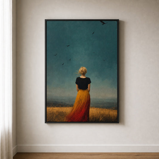 Blonde Woman Gold Grass Teal Sky Floater Frame Canvas Wall Art — room scene in a floater frame