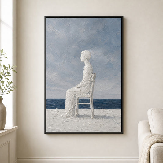 White Impasto Figure by the Sea Floater Frame Canvas Wall Art - coastal wall decor by AUSJOJO