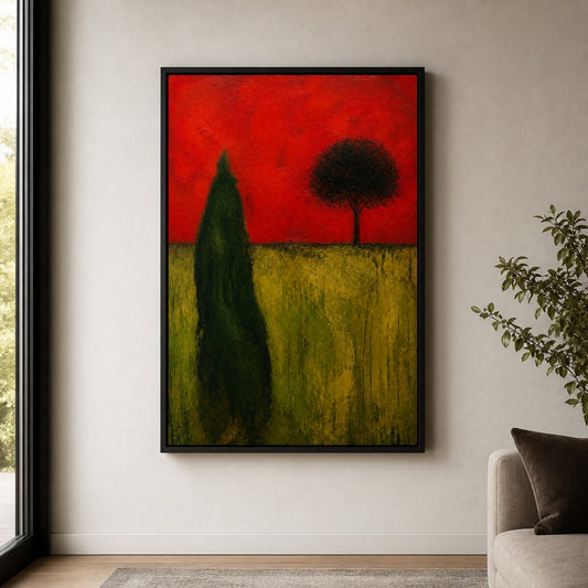 Green Organic Shape Red Sky Tree Expressionist Floater Frame Canvas Wall Art — room scene in a floater frame