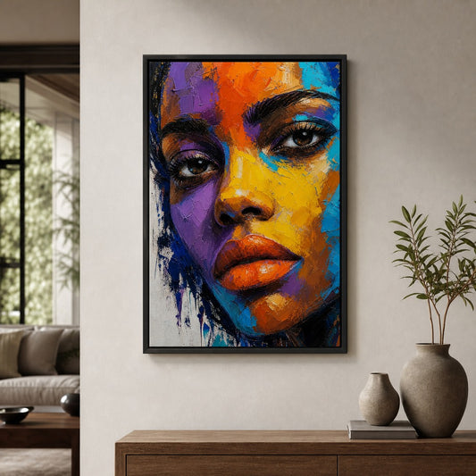 Impasto Female Face Pop Color Floater Frame Canvas Wall Art - canvas wall art by AUSJOJO