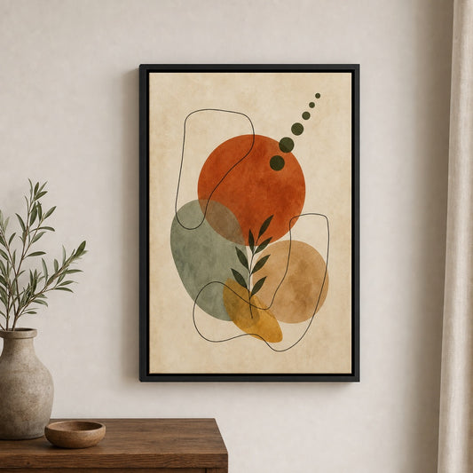 Organic Shapes Earthtone Abstract Poster Floater Frame Canvas Wall Art — room scene in a floater frame