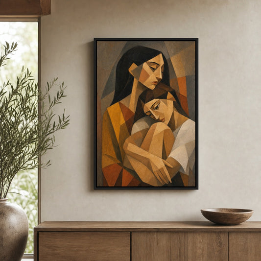 Cubist Two Women Embrace Earthtone Floater Frame Canvas Wall Art — room scene in a floater frame