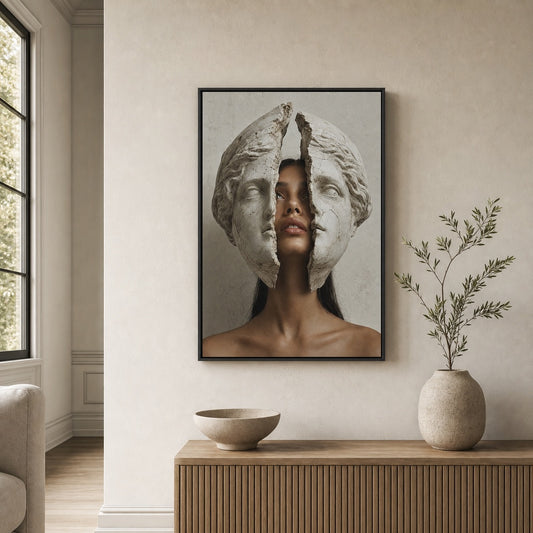 Cracked Marble Mask Fashion Portrait Floater Frame Canvas Wall Art - canvas wall art by AUSJOJO