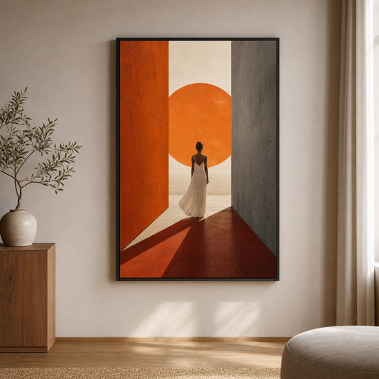 Woman White Dress Orange Sun Corridor Floater Frame Canvas Wall Art — room scene in a floater frame