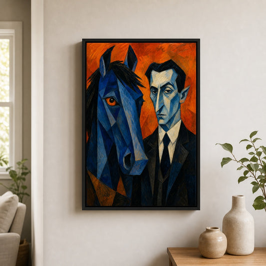 Blue Horse and Suited Man Cubist Floater Frame Canvas Wall Art - animal wall art by AUSJOJO