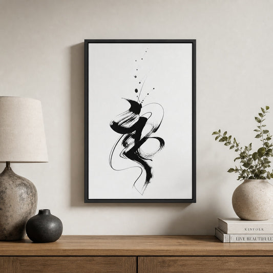Black White Abstract Calligraphy Ink Floater Frame Canvas Wall Art — room scene in a black floater frame