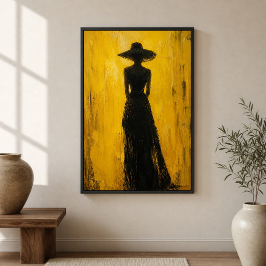 Woman Hat Silhouette Yellow Expressionist Floater Frame Canvas Wall Art — room scene in a floater frame