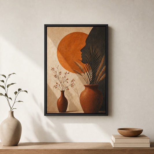 Boho Orange Sun Profile Vases Floater Frame Canvas Wall Art - canvas wall art by AUSJOJO