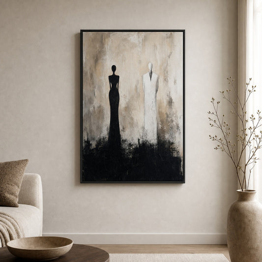 Two Faceless Figures Black White Distance Floater Frame Canvas Wall Art — room scene in a black floater frame