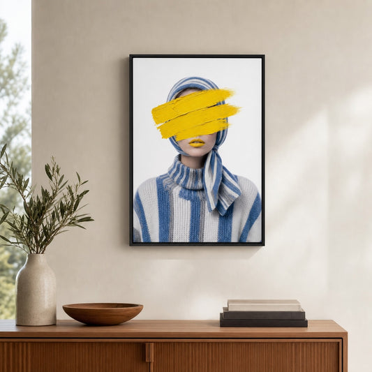 Yellow Paint Striped Knit Fashion Portrait Floater Frame Canvas Wall Art - canvas wall art by AUSJOJO