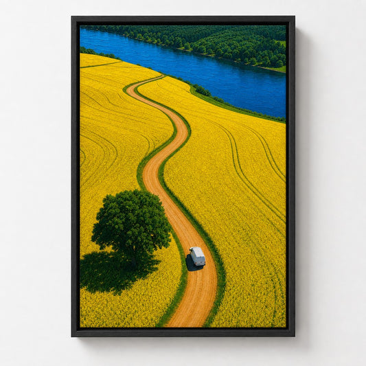 White Van Through Golden Fields Floater Frame Canvas Wall Art — room scene in a floater frame