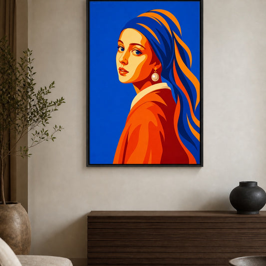 Pop Art Pearl Earring Portrait Floater Frame Canvas Wall Art — room scene in a floater frame