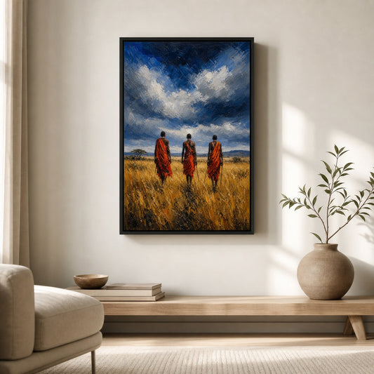 Masai Men Orange Shuka Storm Sky Floater Frame Canvas Wall Art — room scene in a floater frame