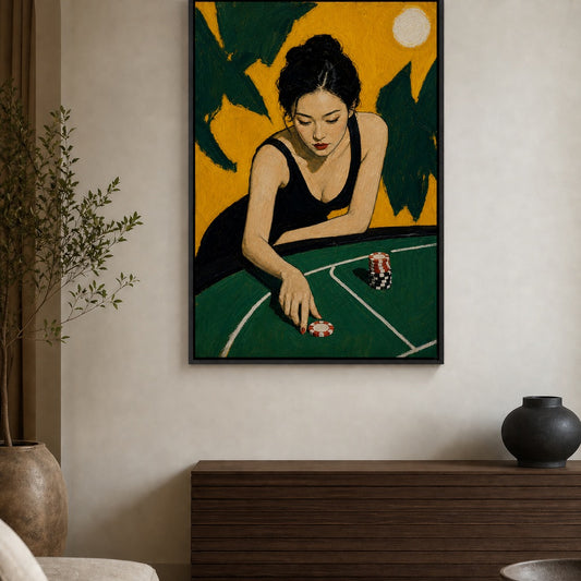 Woman at Green Gaming Table Floater Frame Canvas Wall Art — room scene in a floater frame