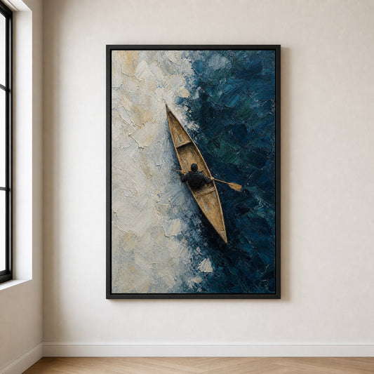 Canoe Ice Water Top View Impasto Floater Frame Canvas Wall Art — room scene in a floater frame