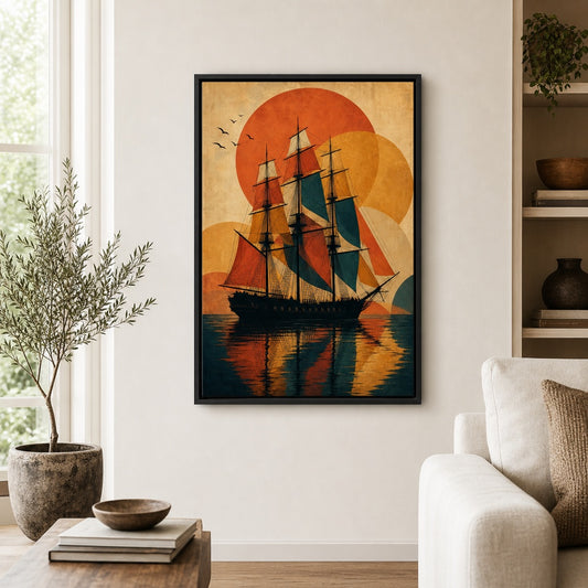 Black Three Mast Ship Retro Vector Floater Frame Canvas Wall Art — room scene in a black floater frame