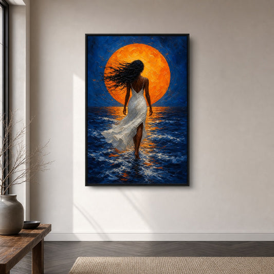 Woman White Dress Orange Sun Ocean Floater Frame Canvas Wall Art — room scene in a floater frame