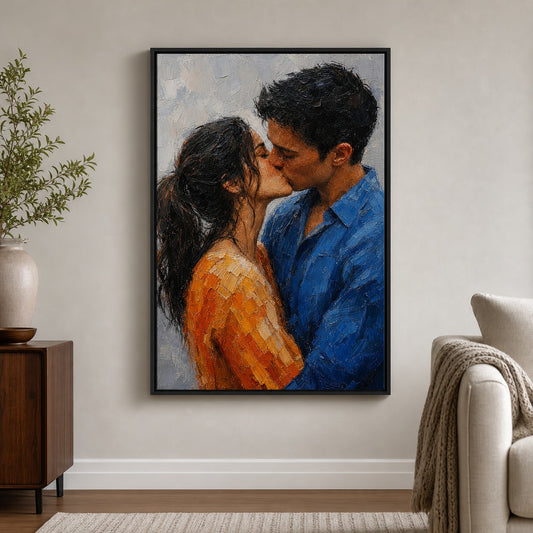 Kissing Couple Orange Blue Impasto Floater Frame Canvas Wall Art — room scene in a floater frame