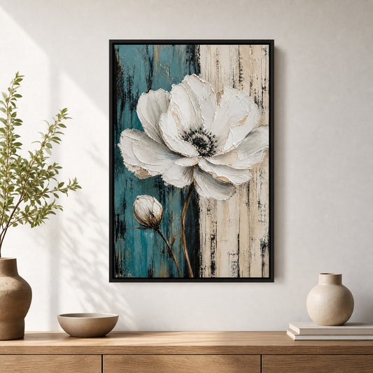 White Flower Blue Beige Stripes Floater Frame Canvas Wall Art — room scene in a floater frame