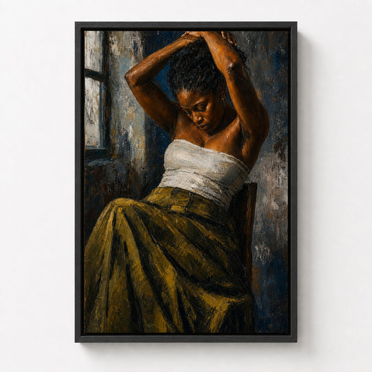 Contemplative Seated Woman Floater Frame Canvas Wall Art — room scene in a floater frame