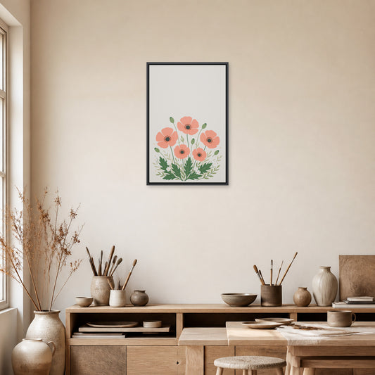 Five Coral Poppies Botanical Floating Frame Wall Art - 02b_black_frame_wall_scene