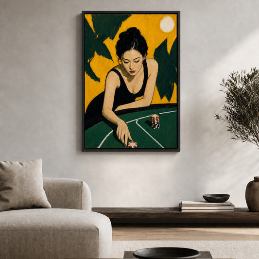 Woman at Green Gaming Table Floater Frame Canvas Wall Art - canvas wall art by AUSJOJO