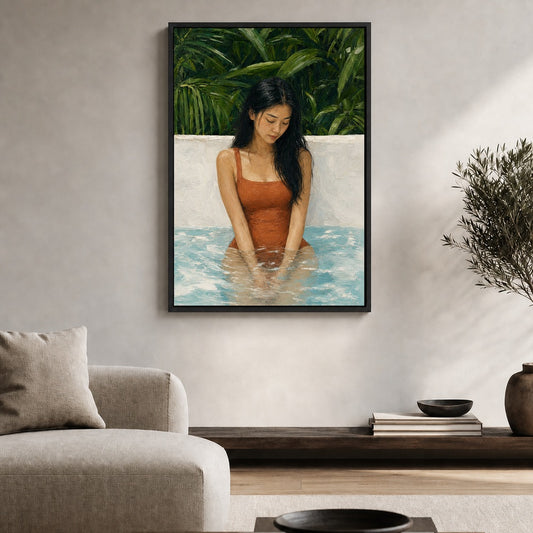 Contemplative Woman in Tropical Pool Floater Frame Canvas Wall Art - coastal wall decor by AUSJOJO