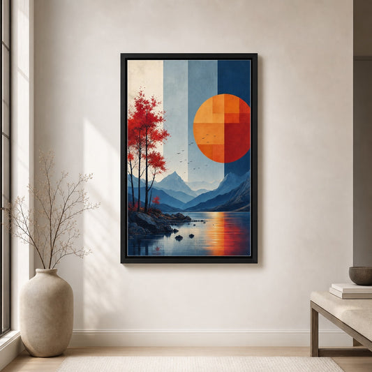 Geometric Sun Moon Mountains Lake Birds Floater Frame Canvas Wall Art - modern wall decor by AUSJOJO