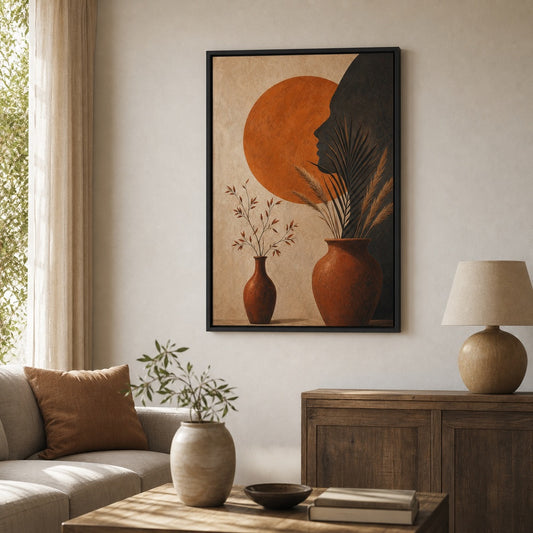 Boho Orange Sun Profile Vases Floater Frame Canvas Wall Art — room scene in a black floater frame