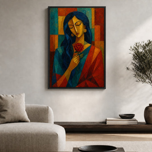 Cubist Woman Holding Red Rose Wall Art - floral wall decor by AUSJOJO