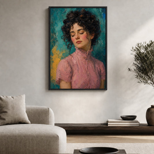 Serene Woman in Pink Dress Floater Frame Canvas Wall Art - canvas wall art by AUSJOJO