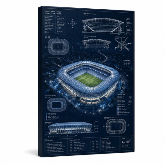 Night Stadium Blueprint Overlay Canvas Painting Wall Decor - soccer canvas wall art by AUSJOJO