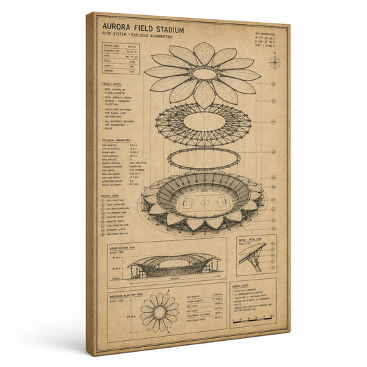 Kraft Paper Stadium Roof Blueprint Canvas Wall Art - soccer canvas wall art by AUSJOJO