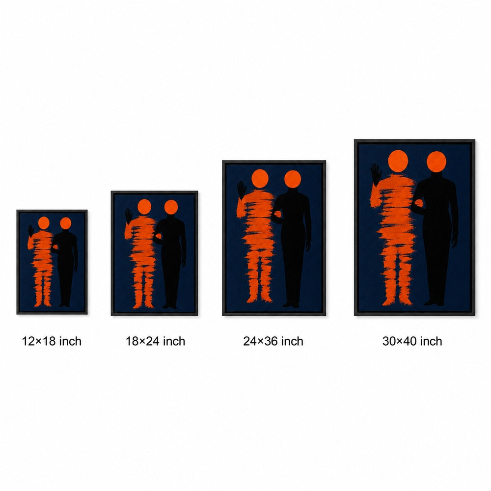 Orange Circle Minimalist Figures Floater Frame Canvas Wall Art — size comparison in a floater frame