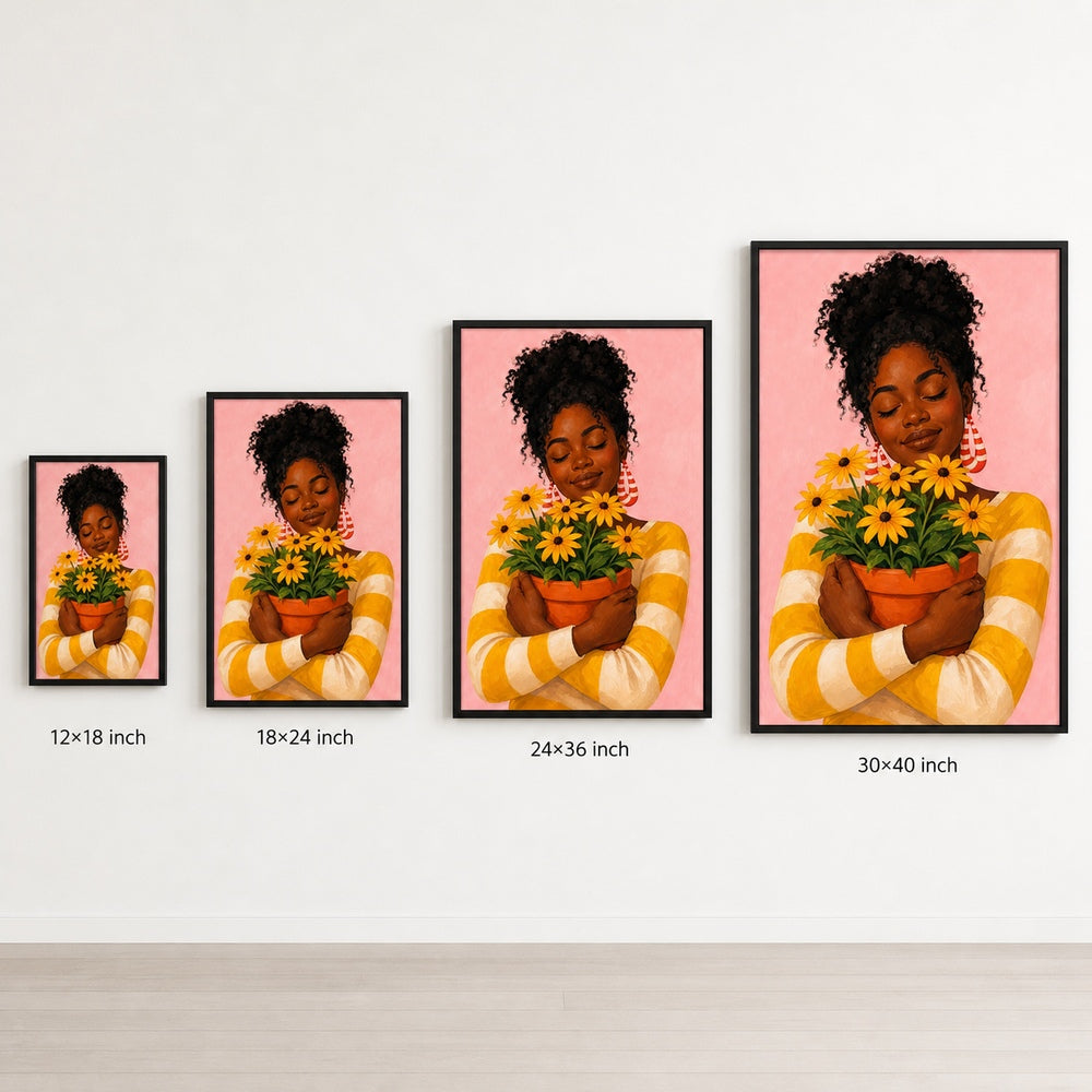 Black Woman Hugging Flower Pot Wall Art floating frame wall art - 06