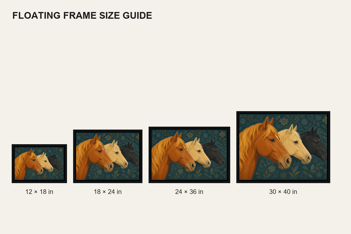Three Horse Heads Brocade Floating Frame Wall Art - 06_size_comparison