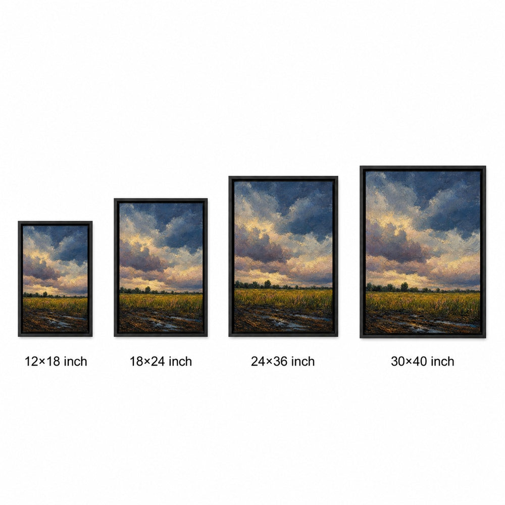 Storm Clouds Over Open Field Floater Frame Canvas Wall Art — size comparison in a floater frame