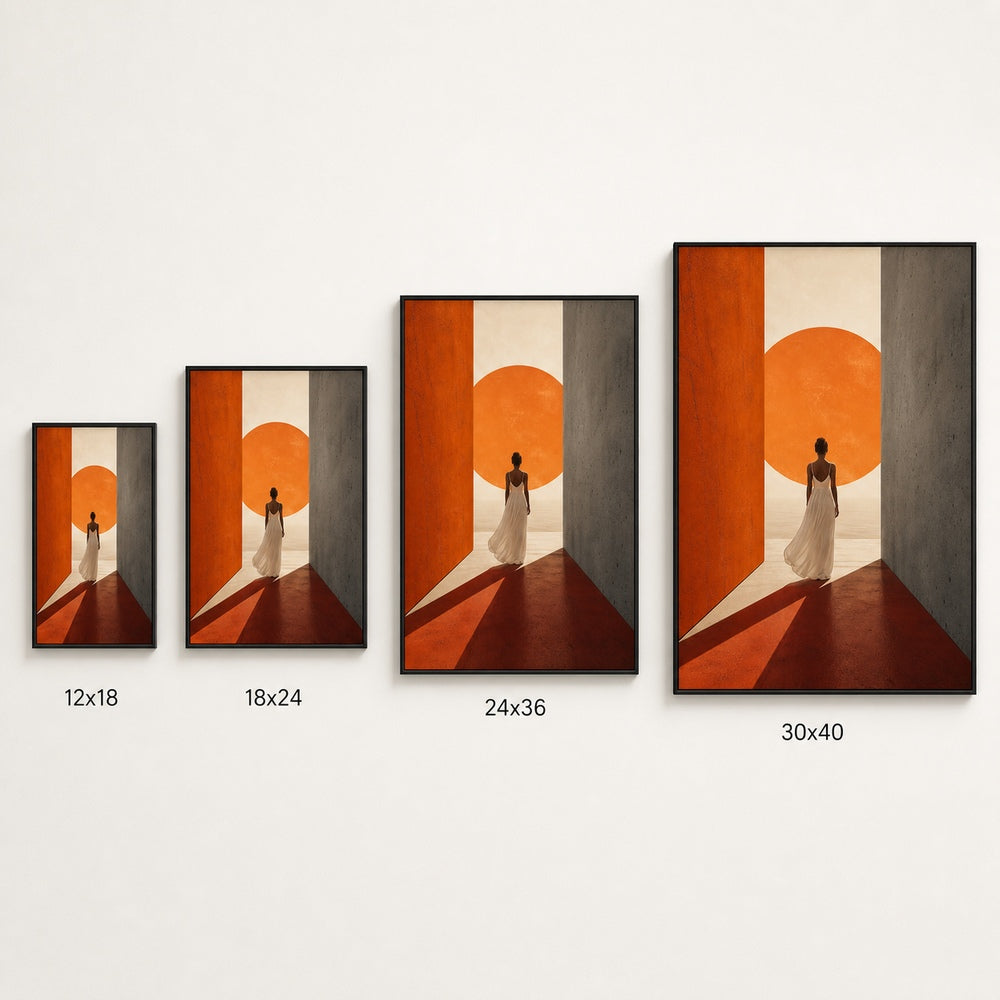 Woman White Dress Orange Sun Corridor Wall Art floating frame wall art - 06