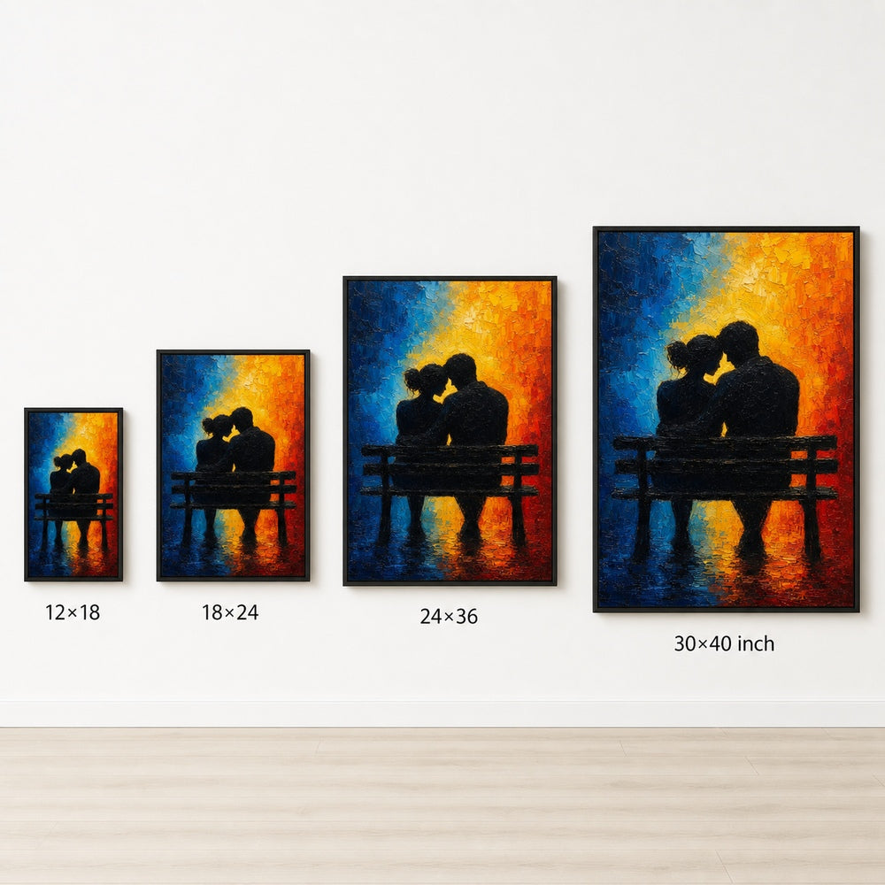 Couple Silhouette Bench Cold Warm Impasto Wall Art floating frame wall art - 06