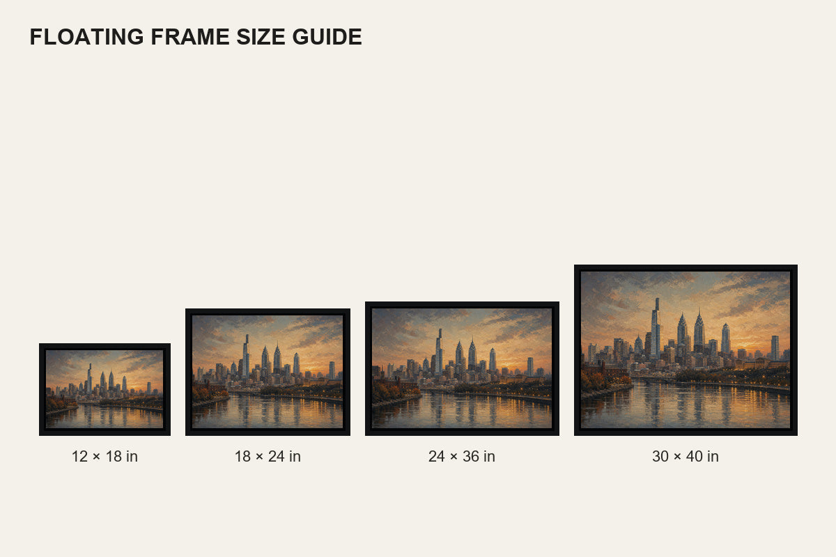 Philadelphia Sunset Skyline Floating Frame Wall Art - 06_size_comparison