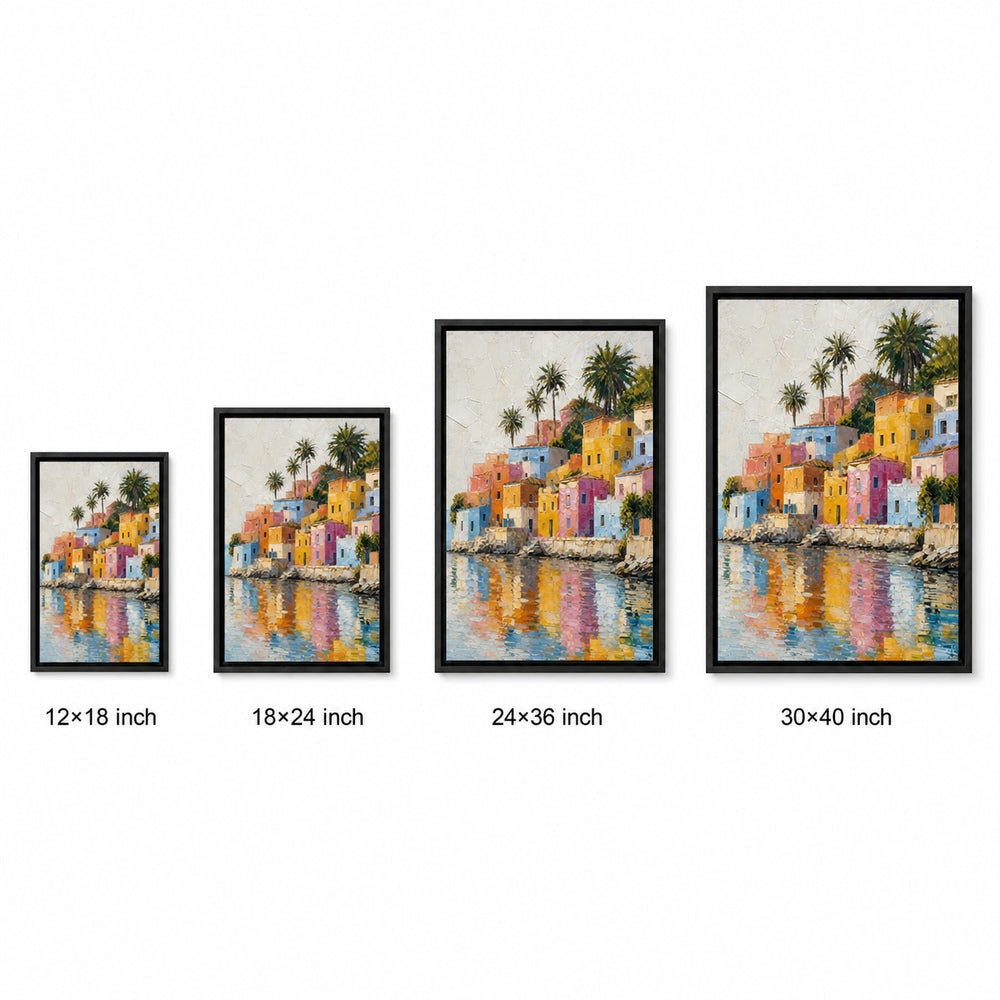 Colorful Mediterranean Coastal Village Floater Frame Canvas Wall Art — size comparison in a floater frame