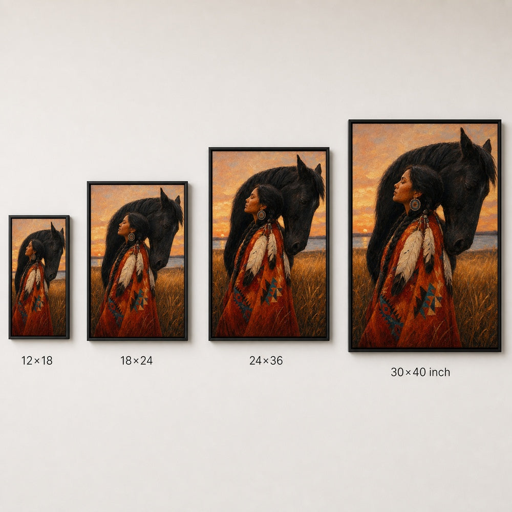 Indigenous Woman and Black Horse Wall Art floating frame wall art - 06