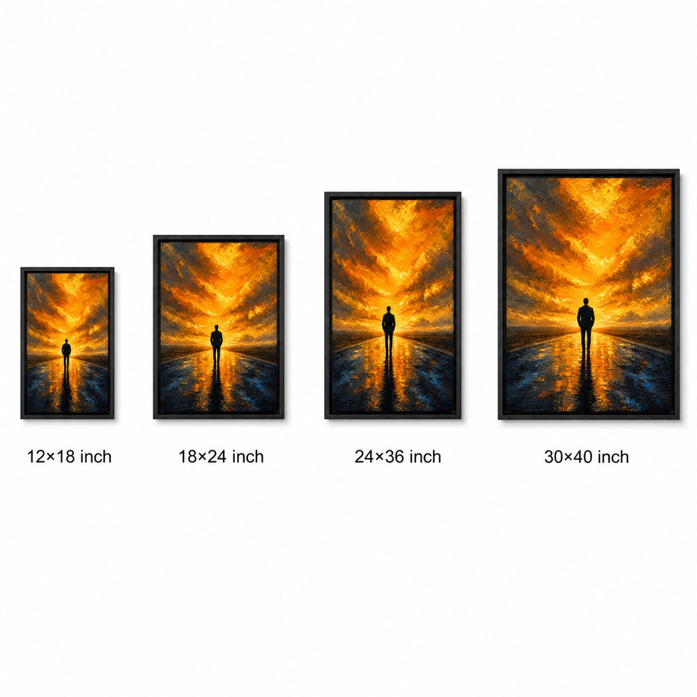 Solitary Man on Golden Horizon Floater Frame Canvas Wall Art — size comparison in a floater frame